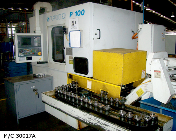 Photo 1 -  4� (100mm) Diameter, 4� (100mm) face, 8.6 DP (3 MOD), FANUC 15-M Control, 32 Position Automatic Loader, Hob Shift, Tangential, Differential, Infeed,  Chip Conveyor, 1997  (30017)
            This machine has seen very little use. It was originally sold and shipped to a company making a part for General Electric washing machines, but before it was delivered, the washing machine was redesigned to use a variable-speed A.C. motor. This machine only ran a few parts for acceptance and was not used since.
